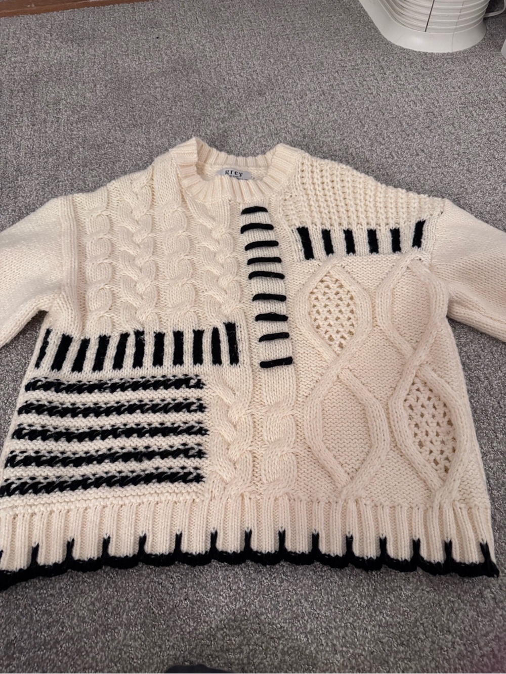 Grey Bandit Cream Cable Knit Crewneck Sweater with Black Stripe Accents